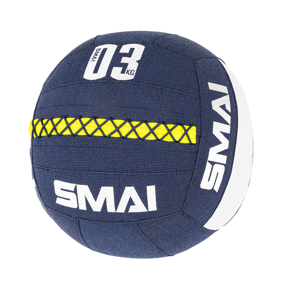 A blue Wall Balls - Hybrid Range by SMAI features "SMAI" in white, a yellow stripe, and "03 KG" on top—perfect for hybrid strength training.