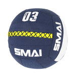 A blue Wall Balls - Hybrid Range by SMAI features "SMAI" in white, a yellow stripe, and "03 KG" on top—perfect for hybrid strength training.
