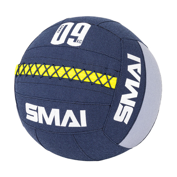 The SMAI Wall Balls - Hybrid Range in blue and gray are marked "09 KG," featuring a yellow stitched seam and durable aramid fibre—perfect for hybrid strength training.