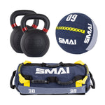 The SMAI Hybrid Home Gym Men's Pro Starter Pack includes two black kettlebells, a blue and yellow medicine ball, and a matching weighted sandbag—perfect functional fitness gear for your home gym.