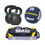 The SMAI Hybrid Home Gym Women’s Pro/Men’s Starter Pack includes two black kettlebells, a blue and yellow medicine ball, and a blue/gray sandbag—each marked with its weight—ideal for your home workouts.