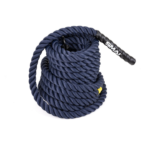The SMAI Hybrid Training Power Rope - 15m x 35mm features a coiled navy blue design with black handles, one marked in white. This competition-grade rope is thick, tightly wound, and shown against a crisp white background.