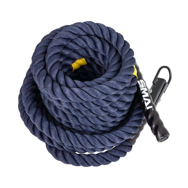 The SMAI Hybrid Training Power Rope (15m x 35mm) is a coiled navy blue competition-grade rope with a black handle, yellow accent near the end, and "SMAI" branding, displayed on a white background.