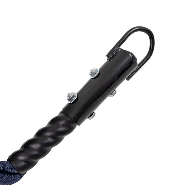 Close-up of the SMAI Hybrid Training Power Rope - 15m x 35mm, black and twisted, secured with a metal clamp and bolts, ending in a black metal hook for hanging or attaching.