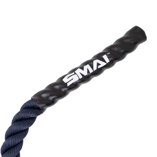 A close-up of the SMAI Hybrid Training Power Rope - 15m x 35mm in dark blue, featuring a black textured grip handle with the white "SMAI" logo printed on it.