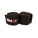 Two black SMAI Boxing Hand Wraps 180 inch, rolled up with the SMAI logo patch in white and red—ideal for protecting your hands during training or wearing as Muay Thai wraps.