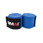 Two rolled 180-inch blue Boxing Hand Wraps by SMAI with a black label showing the white and red SMAI logo, designed for enhanced hand protection, placed on a white background.