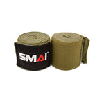 Two rolled SMAI Boxing Hand Wraps 180 inch in olive green, each with a black label showing the white and red SMAI logo, placed side by side on a white background—perfect for reliable hand protection in boxing or Muay Thai.