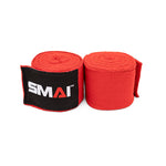 A pair of red SMAI Boxing Hand Wraps (180 inch) with black labels showing the white and red "SMAI" logo, rolled side by side on a white background, designed for optimal hand protection.