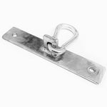 The SMAI Floor / Ceiling Bracket features a sleek, silver metallic finish with a rectangular base and mounting holes. Made from durable steel, it includes a looped mechanism for secure locking. Its minimalist design, similar to that of a carabiner clip, is showcased against a plain white background.