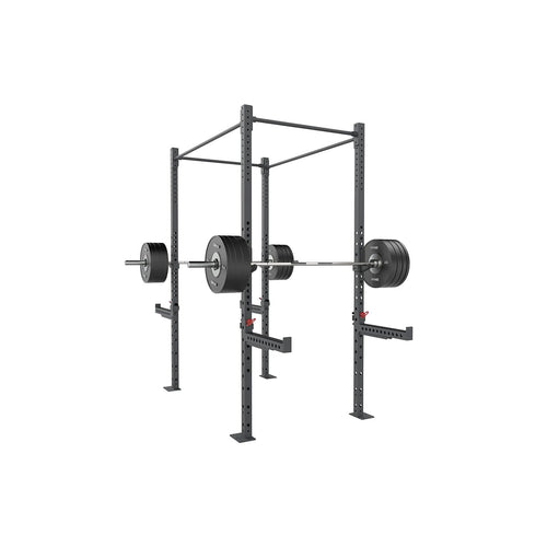 A gray metal power rack with a barbell loaded with heavy weights is displayed. The rack features adjustable hooks and safety bars, providing support for weightlifting exercises such as squats and bench presses.