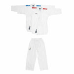 The SMAI WKF Karate Uniform Pack - 6oz Premium Kumite Gi - Inazuma is a lightweight karate gi with jacket and pants, featuring SMAI branding in red and blue on the shoulders and chest. Displayed on a white background; perfect for competition.