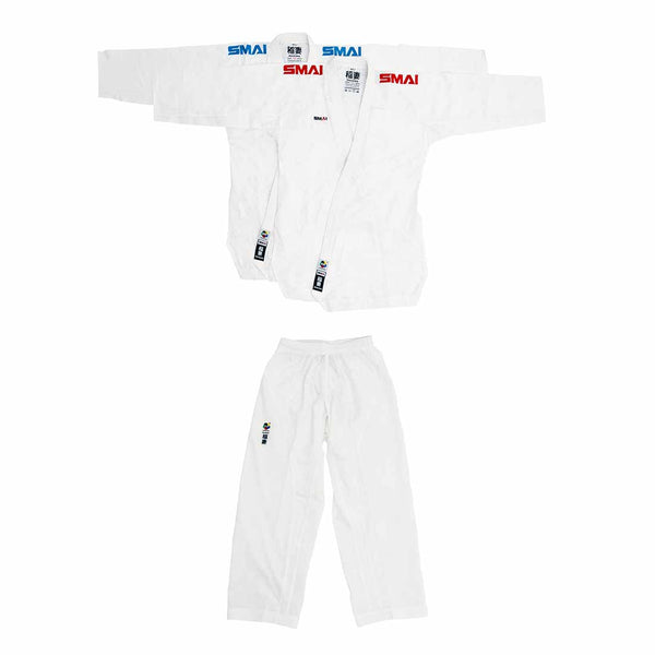 The SMAI WKF Karate Uniform Pack - 6oz Premium Kumite Gi - Inazuma is a lightweight karate gi with jacket and pants, featuring SMAI branding in red and blue on the shoulders and chest. Displayed on a white background; perfect for competition.