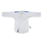 The WKF Reversible Karate Uniform - 6oz Premium Kumite Gi - Inazuma RX features a white martial arts gi with blue "SMAI" logos on the shoulders, ideal for competitions. The jacket is displayed flat with the sleeves extended, and a tag is attached to it.
