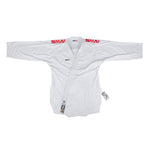 The WKF Reversible Karate Uniform - 6oz Premium Kumite Gi - Inazuma RX by SMAI is a white martial arts gi featuring "SMAI" in red letters on the shoulders and a V-neck design with a tag hanging from the right side. Ideal for serious practitioners, this competition gi offers durability and style, ensuring you stand out on the mat.