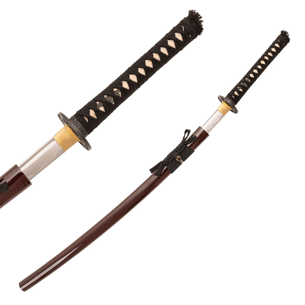 The SMAI High Carbon Steel Katana – Crimson Eclipse features a full tang, black and white wrapped handle, gold guard, shiny steel blade, and comes with a glossy brown scabbard with black cord, shown both sheathed and unsheathed.