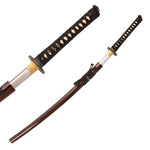 The SMAI High Carbon Steel Katana – Crimson Eclipse features a full tang, black and white wrapped handle, gold guard, shiny steel blade, and comes with a glossy brown scabbard with black cord, shown both sheathed and unsheathed.