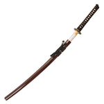 The SMAI High Carbon Steel Katana - Crimson Eclipse features a black and gold cord-wrapped handle, circular guard, and dark brown curved scabbard. This full tang katana is elegantly displayed on a white background.