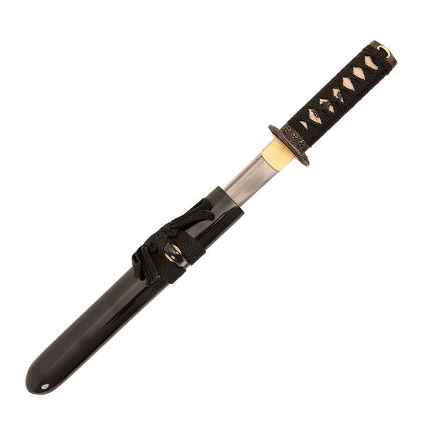 The SMAI Damascus Black Infinite Dragon Tanto features a full tang, Damascus folded steel blade, black-wrapped handle, and glossy black scabbard with a decorative cord.