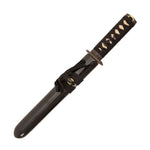 The SMAI Damascus Black Infinite Dragon Tanto features full tang construction, a black-wrapped handle with gold and silver accents, a cord-secured black sheath, and exquisite Damascus folded steel in a traditional Japanese design.