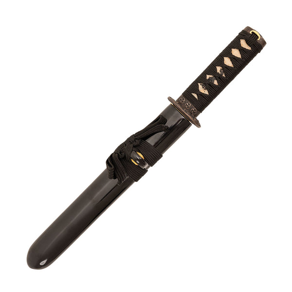 The SMAI Damascus Black Infinite Dragon Tanto features full tang construction, a black-wrapped handle with gold and silver accents, a cord-secured black sheath, and exquisite Damascus folded steel in a traditional Japanese design.
