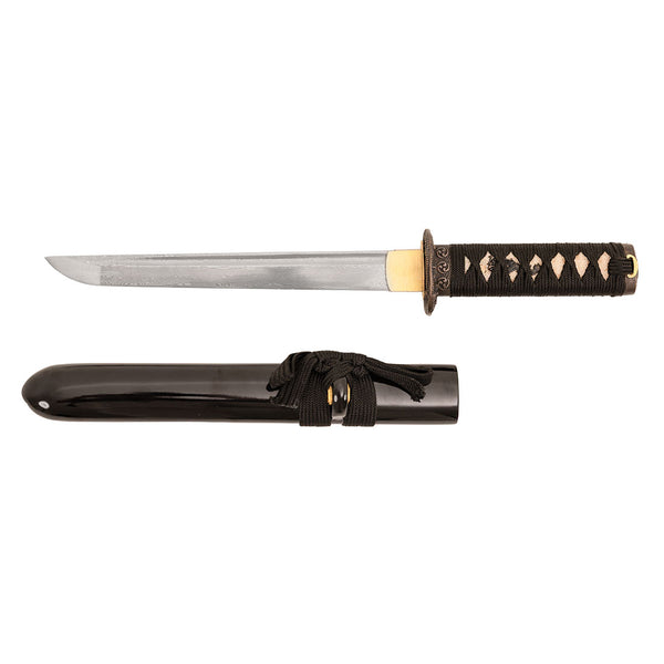 The SMAI Damascus Black Infinite Dragon Tanto features a wrapped handle, decorative guard, and a straight, single-edged full tang blade. Displayed above its black lacquered sheath tied with black cord.