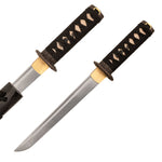 The SMAI Damascus Black Infinite Dragon Tanto features a sharp, straight blade, full tang, black cord-wrapped handle with diamond patterns, dragon-themed brass fittings, and comes with a partially visible sheath.