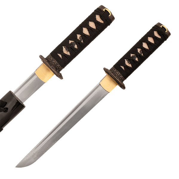 The SMAI Damascus Black Infinite Dragon Tanto features a sharp, straight blade, full tang, black cord-wrapped handle with diamond patterns, dragon-themed brass fittings, and comes with a partially visible sheath.