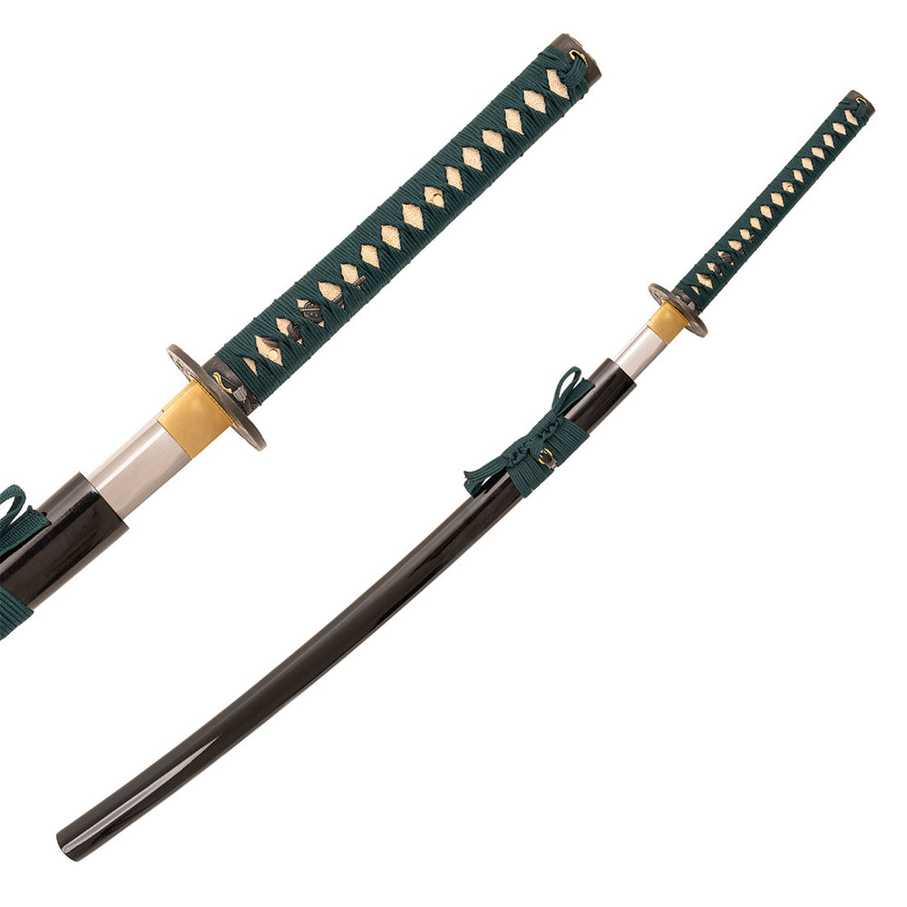 The SMAI Katana - Medium Carbon Emerald features a green-wrapped handle, gold guard, and partially visible silver blade. Made of medium carbon steel, it comes with a black scabbard and is ideal for Iaido practice.