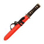 The SMAI Damascus Red Tiger Tanto features a black braided handle with beige accents, a red lacquered sheath, and a decorative black cord knot around the sheath.