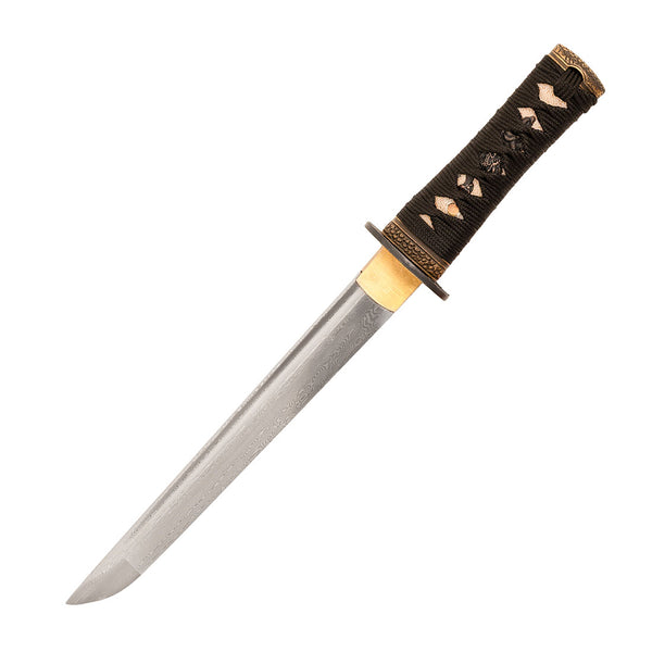The SMAI Damascus Red Tiger Tanto features a straight Damascus steel blade, ornate brass guard, and a decorated wrapped handle—a classic collector’s piece for enthusiasts of traditional Japanese samurai knives.