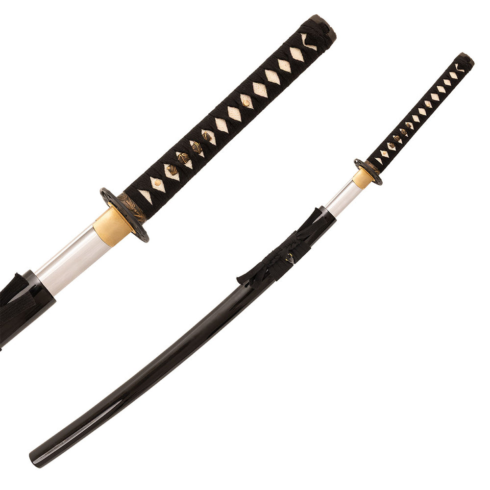 The SMAI Katana - High Carbon Black features a curved steel blade with a clay tempered hamon, black and white wrapped handle, gold-colored guard, and glossy black scabbard shown separately or partially sheathed.