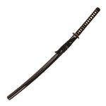 The SMAI Katana - High Carbon Black is a traditional Japanese samurai sword with expert craftsmanship, featuring a black cord-wrapped handle and matching black scabbard, displayed diagonally on a white background.