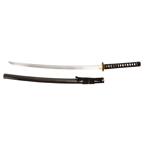 The SMAI Katana - High Carbon Black features a traditional curved silver blade and a black wrapped handle, displayed above its sleek black lacquered sheath.