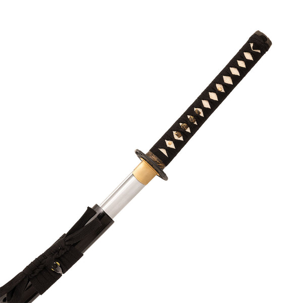A close-up of the SMAI Katana - High Carbon Black shows its handle wrapped in black fabric with a diamond pattern and the silver blade partially drawn from the black scabbard.