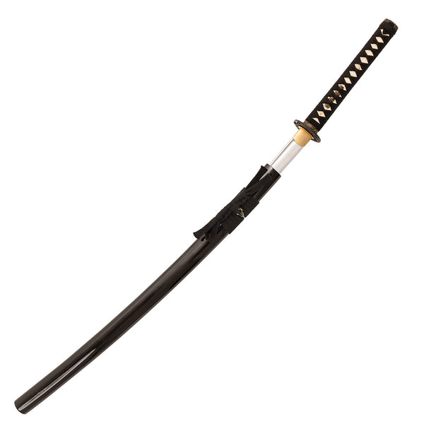 The SMAI Katana - High Carbon Black features a black scabbard, a black handle with white crisscross accents, and a full tang design for enhanced strength and balance.