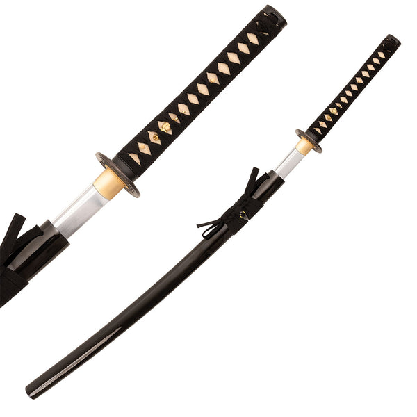 The SMAI High Carbon Steel Katana - Black Widow features a full tang, black wrapped handle with gold accents, and a shiny silver Damascus steel blade, displayed both sheathed and unsheathed beside its black scabbard.