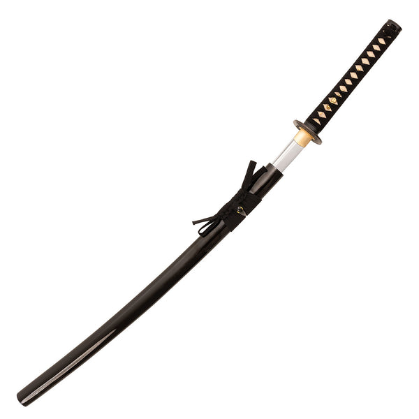 The SMAI High Carbon Steel Katana - Black Widow features a black and gold handle, full tang construction, and a glossy black scabbard, shown partially sheathed and displayed diagonally on a white background.