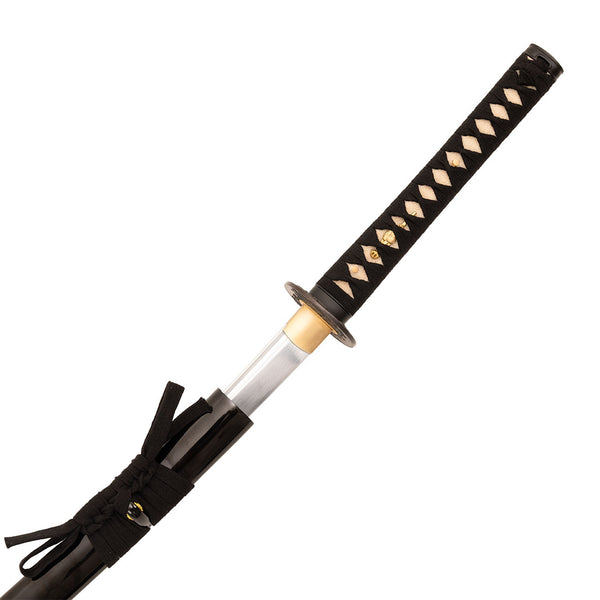 The SMAI High Carbon Steel Katana - Black Widow features a black and white diamond-patterned handle, gold-accented guard, expertly crafted Damascus folded blade, and comes partially drawn from its sleek black scabbard.