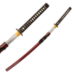 The SMAI Katana - Damascus Maroon features a black and white handle, gold guard, shiny silver blade, and a striking red scabbard—partially drawn in one view, fully sheathed in another—highlighting its fine craftsmanship.