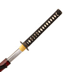 A close-up of the SMAI Katana - Damascus Maroon shows a black and cream-wrapped handle, gold handguard, shiny steel blade, and a dark red scabbard.