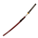 The SMAI Katana - Damascus Maroon features folded steel, a black and white wrapped handle, gold guard, and a partially drawn curved blade. Its red scabbard with black cord wrap highlights classic samurai craftsmanship.