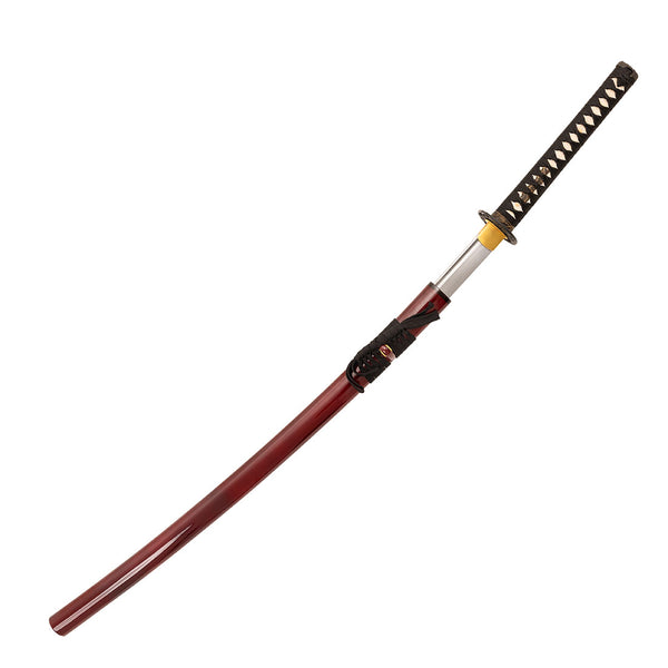 The SMAI Katana - Damascus Maroon features folded steel, a black and white wrapped handle, gold guard, and a partially drawn curved blade. Its red scabbard with black cord wrap highlights classic samurai craftsmanship.