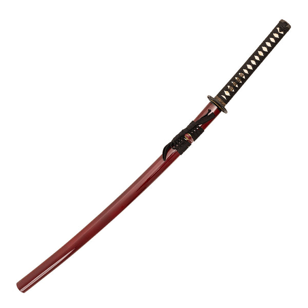 The SMAI Katana - Damascus Maroon features a damascus blade, a black and white wrapped handle, and a glossy maroon scabbard, displayed diagonally on a white background.