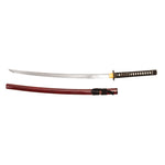The SMAI Katana - Damascus Maroon features a curved silver Damascus blade, a black and gold handle, and a glossy red scabbard, displayed together on a white background.