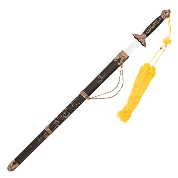 The SMAI Tai Chi Sword Jian Carbon Steel features a black sheath with gold engravings, bronze-colored fittings, and a yellow tassel. The sword is partially unsheathed to show its carbon steel blade.
