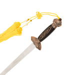 The SMAI Tai Chi Sword Jian Carbon Steel features a silver blade, ornate bronze guard and pommel, black handle with yellow beaded tassel, displayed on a white background.