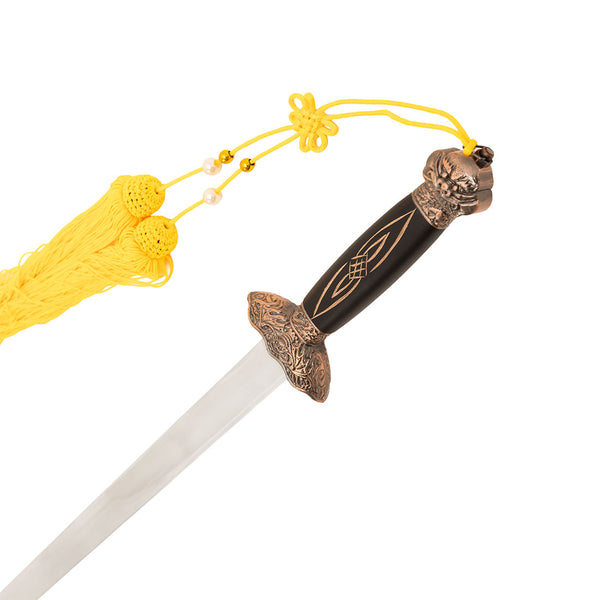The SMAI Tai Chi Sword Jian Carbon Steel features a silver blade, ornate bronze guard and pommel, black handle with yellow beaded tassel, displayed on a white background.