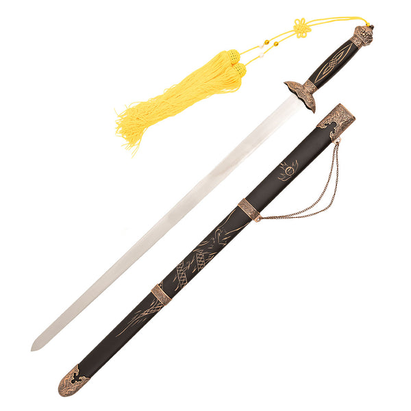 The SMAI Tai Chi Sword Jian Carbon Steel features a long, slender carbon steel blade, ornate guard, yellow tassel, and comes with a black scabbard decorated with gold accents and intricate designs.