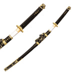 The SMAI Forged Carbon Steel Katana - Dark Emperor features a full tang, black and gold handle, ornate fittings, and a black scabbard with intricate gold designs, displayed both sheathed and partially unsheathed.